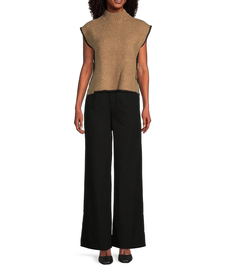 Blu Pepper Mock Neck Contrast Stitch Side Tie Sweater
