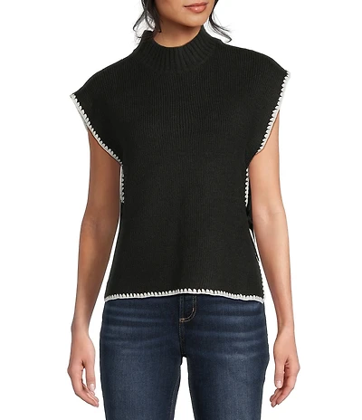 Blu Pepper Mock Neck Contrast Stitch Side Tie Sweater