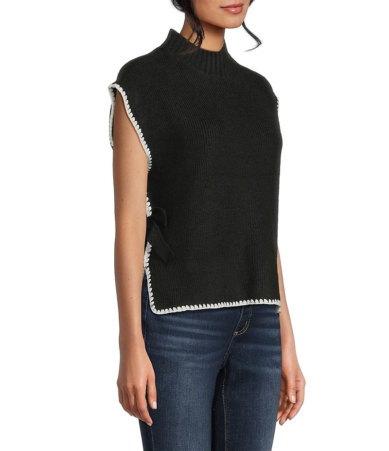 Blu Pepper Mock Neck Contrast Stitch Side Tie Sweater
