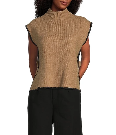 Blu Pepper Mock Neck Contrast Stitch Side Tie Sweater
