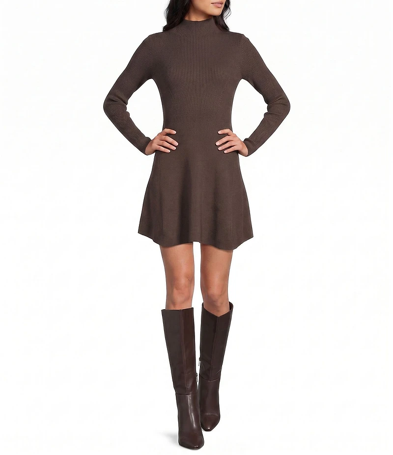 Blu Pepper Mock Neck Long Sleeve Flared Sweater Dress