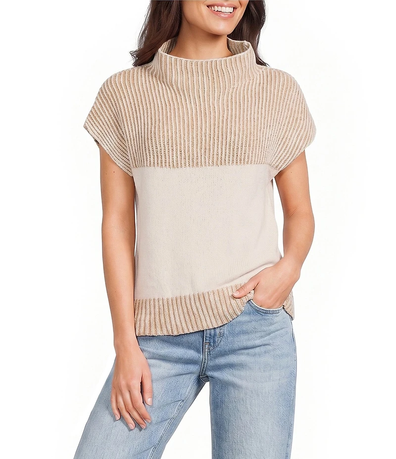 Blu Pepper Mock Neck Two Tone Short Cap Sleeve Sweater