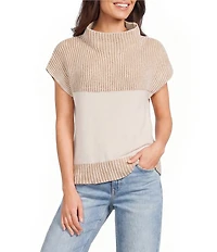 Blu Pepper Mock Neck Two Tone Short Cap Sleeve Sweater