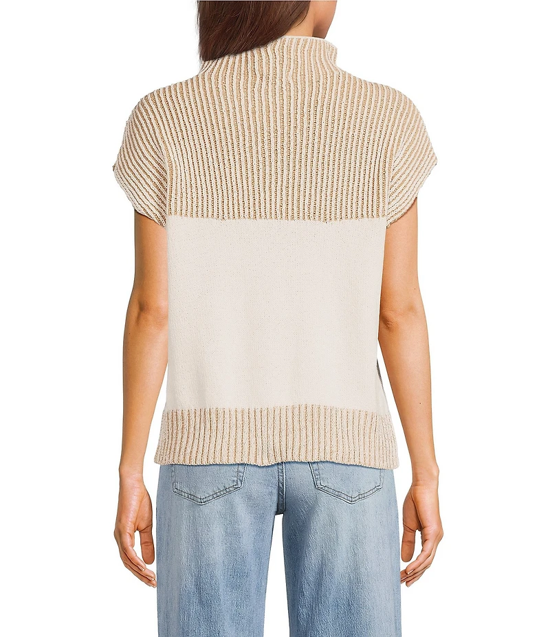 Blu Pepper Mock Neck Two Tone Short Cap Sleeve Sweater