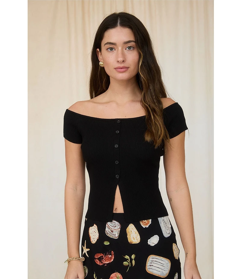 Blu Pepper Off The Shoulder Button Front Split Hem Knit Top