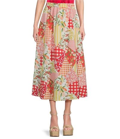 Blu Pepper Patchwork Floral Printed Midi Skirt