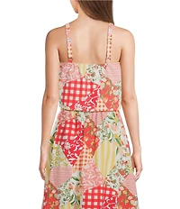 Blu Pepper Patchwork Floral Printed Square Neck Cropped Tank Top