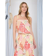 Blu Pepper Patchwork Floral Printed Square Neck Cropped Tank Top