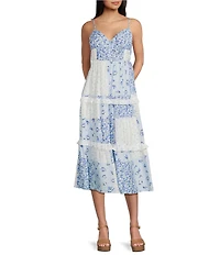 Blu Pepper Patchwork Sweetheart Neck Tiered Midi Dress