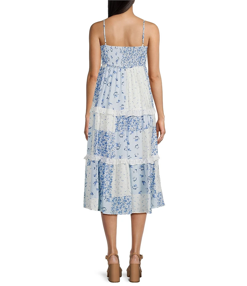 Blu Pepper Patchwork Sweetheart Neck Tiered Midi Dress