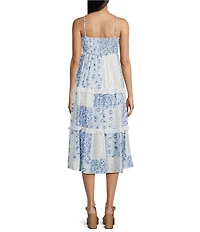 Blu Pepper Patchwork Sweetheart Neck Tiered Midi Dress