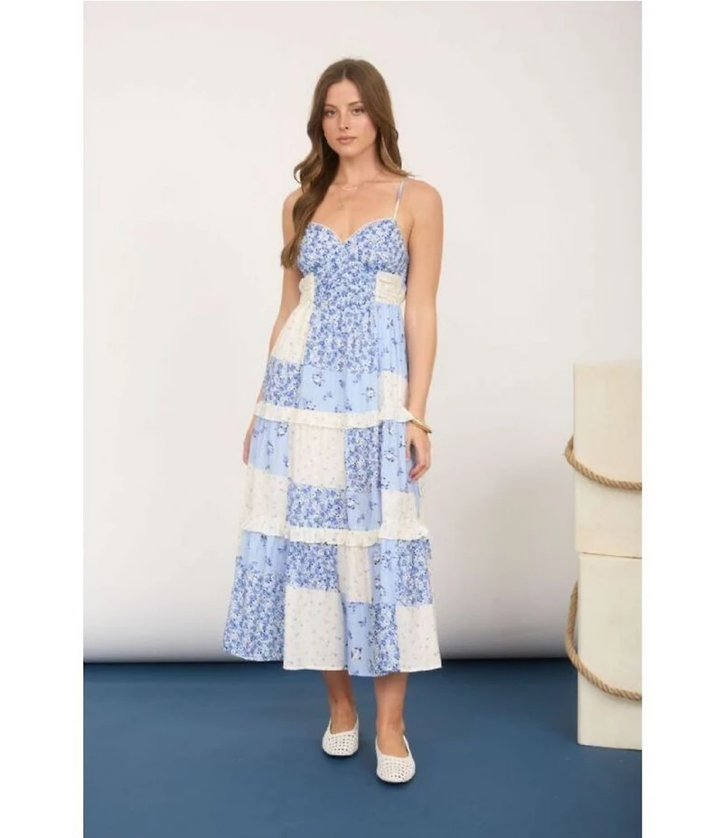 Blu Pepper Patchwork Sweetheart Neck Tiered Midi Dress