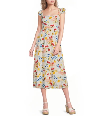 Blu Pepper Picnic Motif Square Neck Ruffle Sleeve Midi Dress