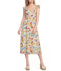 Blu Pepper Picnic Motif Square Neck Ruffle Sleeve Midi Dress