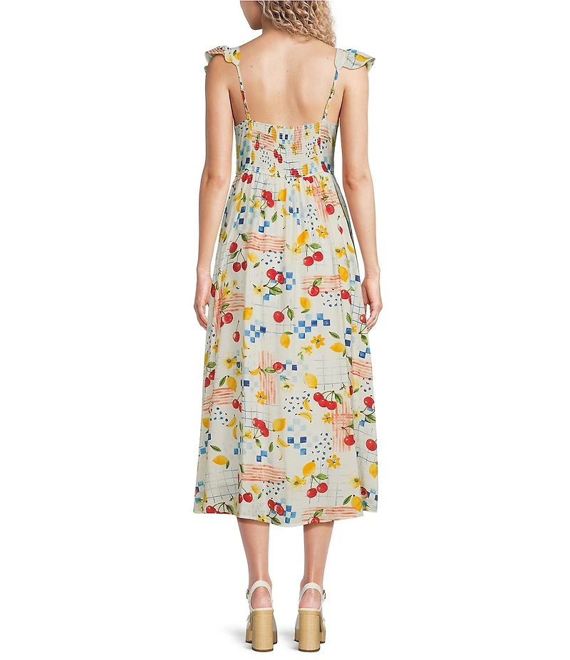 Blu Pepper Picnic Motif Square Neck Ruffle Sleeve Midi Dress
