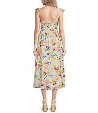 Blu Pepper Picnic Motif Square Neck Ruffle Sleeve Midi Dress