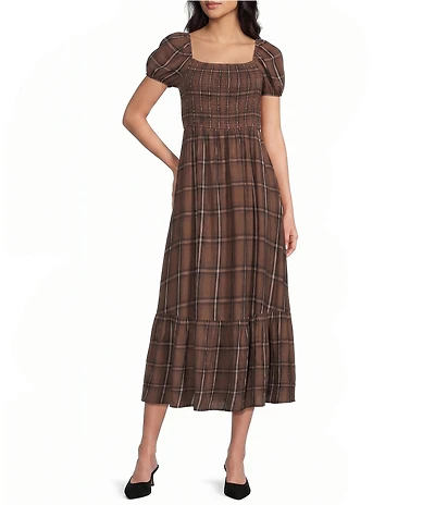 Blu Pepper Plaid Printed Square Neck Short Sleeve Smocked Waist Midi Dress