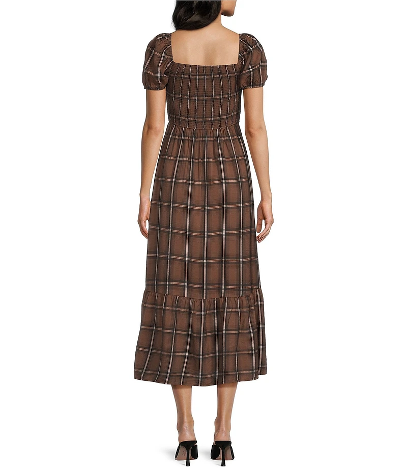 Blu Pepper Plaid Printed Square Neck Short Sleeve Smocked Waist Midi Dress