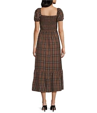 Blu Pepper Plaid Printed Square Neck Short Sleeve Smocked Waist Midi Dress
