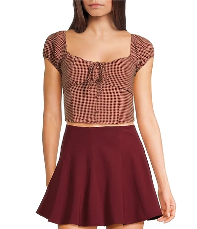 Blu Pepper Plaid Square Neck Tie Front Short Sleeve Crop Top
