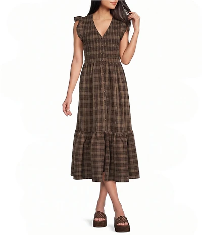 Blu Pepper Plaid V-Neck Flutter Sleeve Smocked Maxi Dress