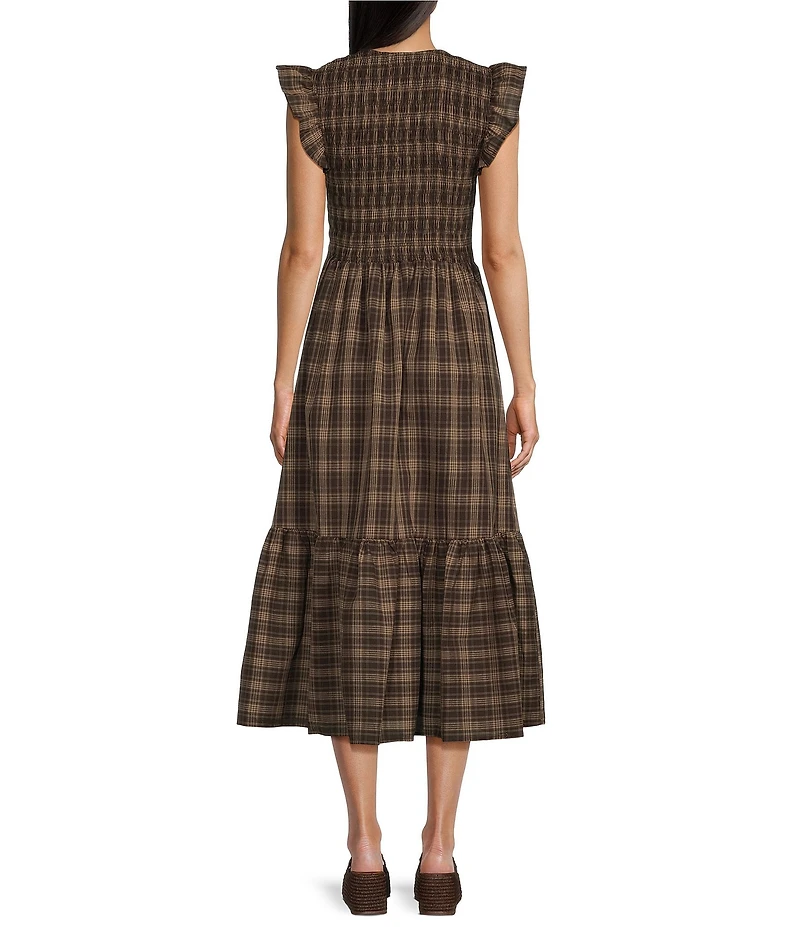Blu Pepper Plaid V-Neck Flutter Sleeve Smocked Maxi Dress