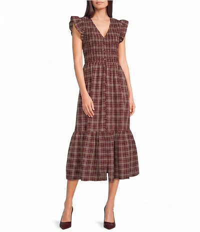 Blu Pepper Plaid V-Neck Flutter Sleeve Smocked Maxi Dress