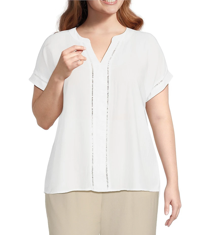 Blu Pepper Plus Short Sleeve Split V Neck Woven Blouse
