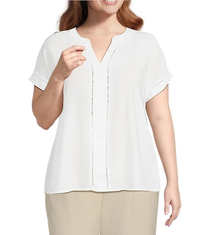 Blu Pepper Plus Short Sleeve Split V Neck Woven Blouse
