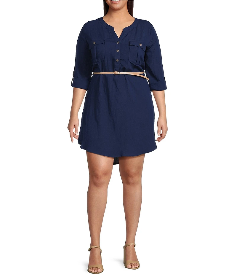 Blu Pepper Plus Size 3/4 Sleeve Belted Mini Dress