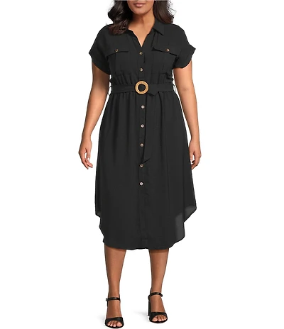 Blu Pepper Plus Size Short Sleeve Belted Midi Dress