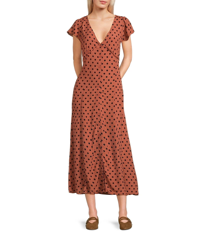 Blu Pepper Polka Dot Button Front Short Sleeve Midi Dress