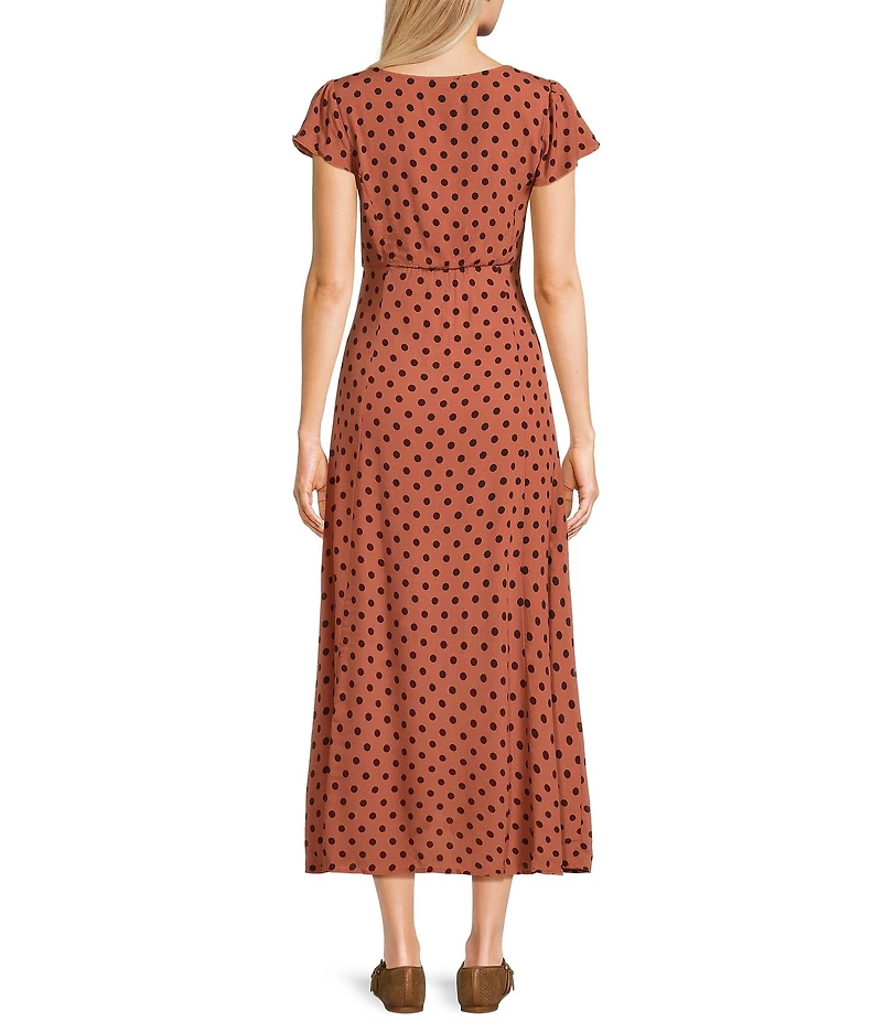 Blu Pepper Polka Dot Button Front Short Sleeve Midi Dress