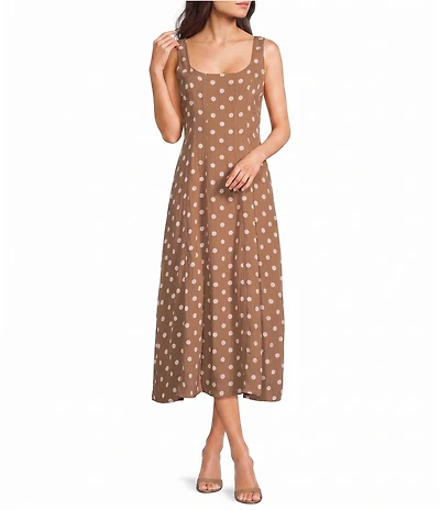 Blu Pepper Polka Dot Square Neck Pintuck Detailed Midi Dress