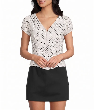 Blu Pepper Polka Dot V-Neck Button Down Short Sleeve Top