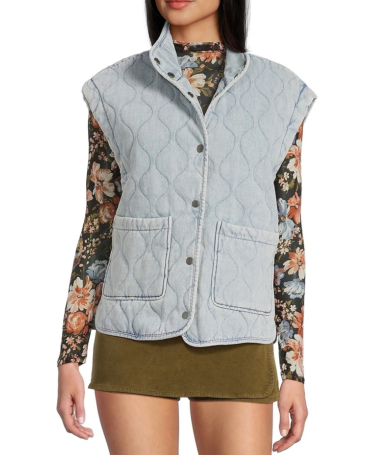 Blu Pepper Quilted Washed Denim Button Front Vest