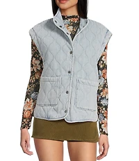 Blu Pepper Quilted Washed Denim Button Front Vest