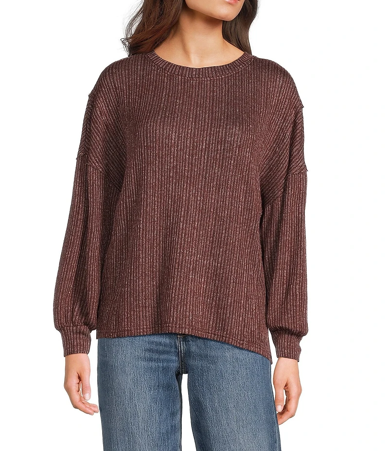 Blu Pepper Rib Knit Round Neck Long Sleeve Top