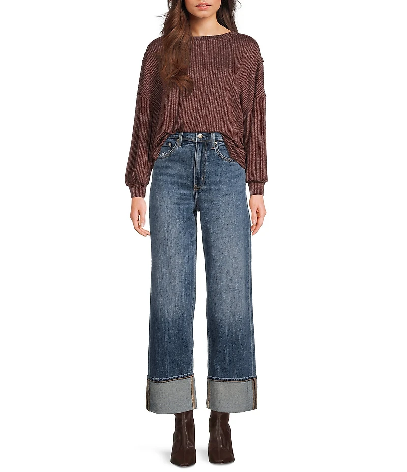 Blu Pepper Rib Knit Round Neck Long Sleeve Top