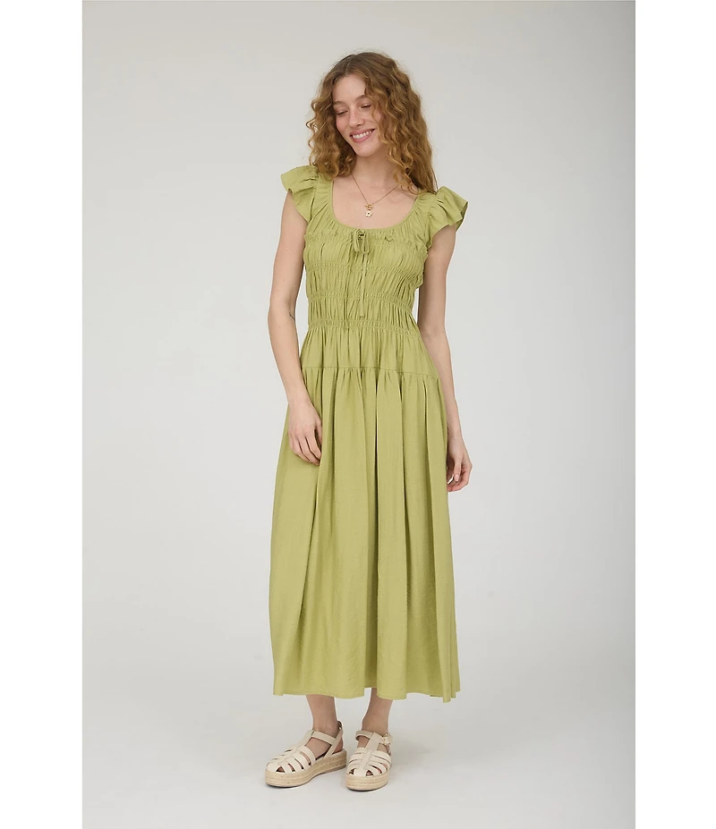 Blu Pepper Ruffle Sleeve Scoop Neck Shirred Midi Dress