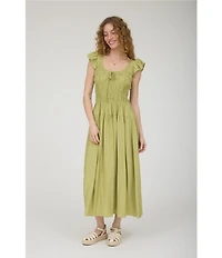 Blu Pepper Ruffle Sleeve Scoop Neck Shirred Midi Dress