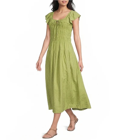 Blu Pepper Ruffle Sleeve Scoop Neck Shirred Midi Dress