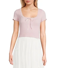 Blu Pepper Ruffled Short Sleeve Square Neck Tie Front Crop Top