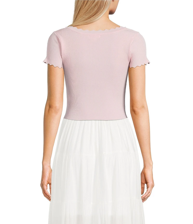 Blu Pepper Ruffled Short Sleeve Square Neck Tie Front Crop Top