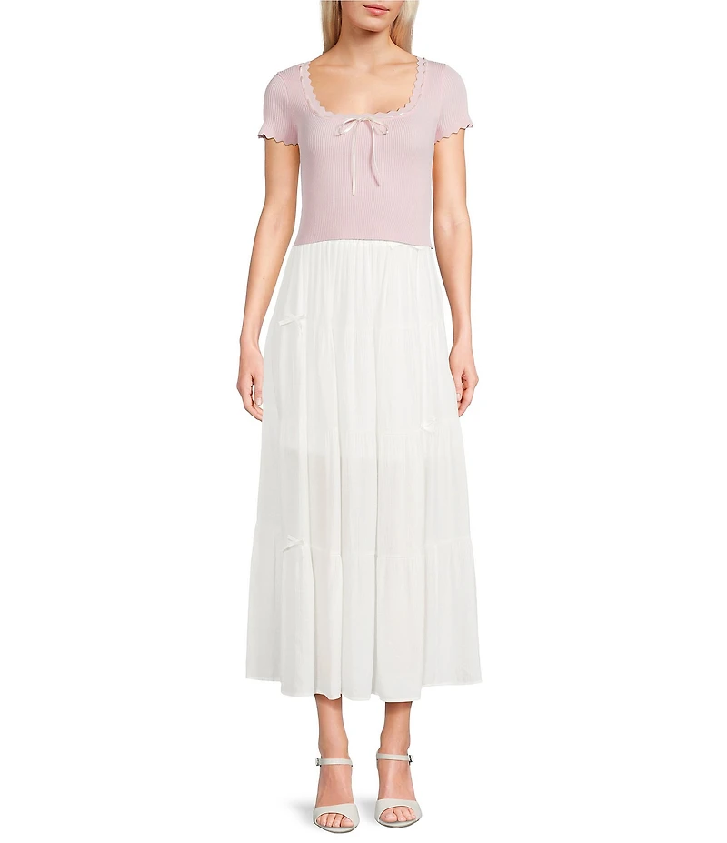 Blu Pepper Ruffled Short Sleeve Square Neck Tie Front Crop Top