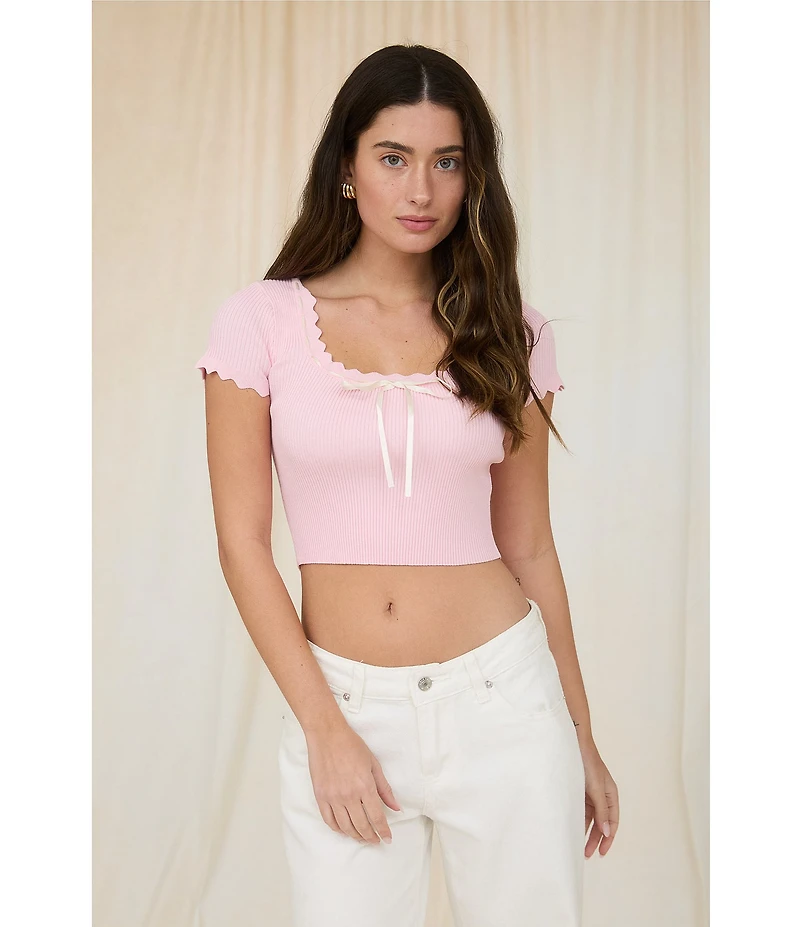 Blu Pepper Ruffled Short Sleeve Square Neck Tie Front Crop Top