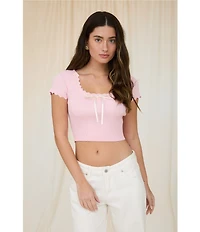 Blu Pepper Ruffled Short Sleeve Square Neck Tie Front Crop Top