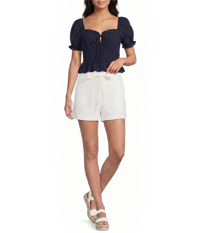 Blu Pepper Short Puff Sleeve Ruffled Tie Front Blouse