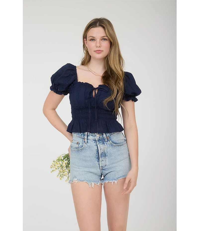 Blu Pepper Short Puff Sleeve Ruffled Tie Front Blouse