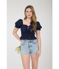 Blu Pepper Short Puff Sleeve Ruffled Tie Front Blouse